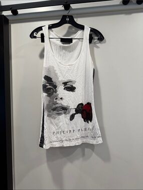 Philipp Plein White Graphic Tank with Black Face Print and Swarovski Red rose